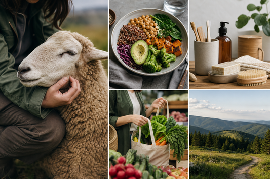 Collage sullo stile di vita vegan con animali salvati al Santuario Sotto la Panca