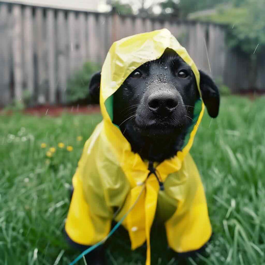 Cane nero salvato con impermeabile giallo