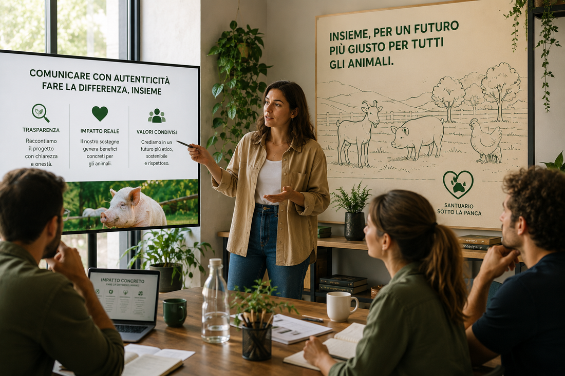 Professionista che presenta a un team aziendale come comunicare in modo autentico una sponsorizzazione etica e il proprio impegno ESG.