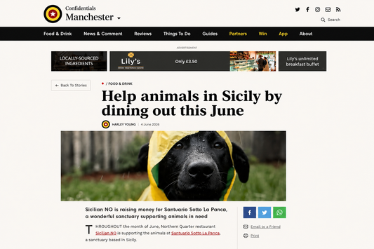 Confidentials Manchester article about Sicilian NQ supporting Santuario Sotto la Panca animal sanctuary in Sicily through a fundraising initiative in June 2026.