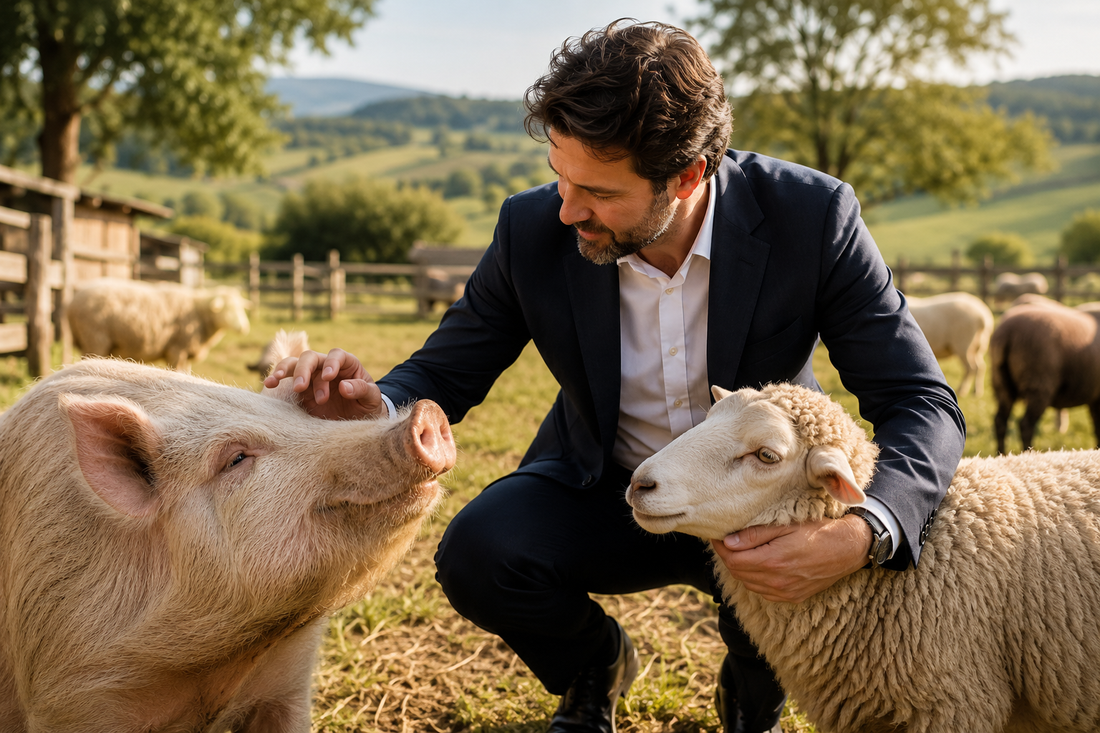 Business professional supporting rescued farm animals as part of an ESG and corporate social responsibility strategy.