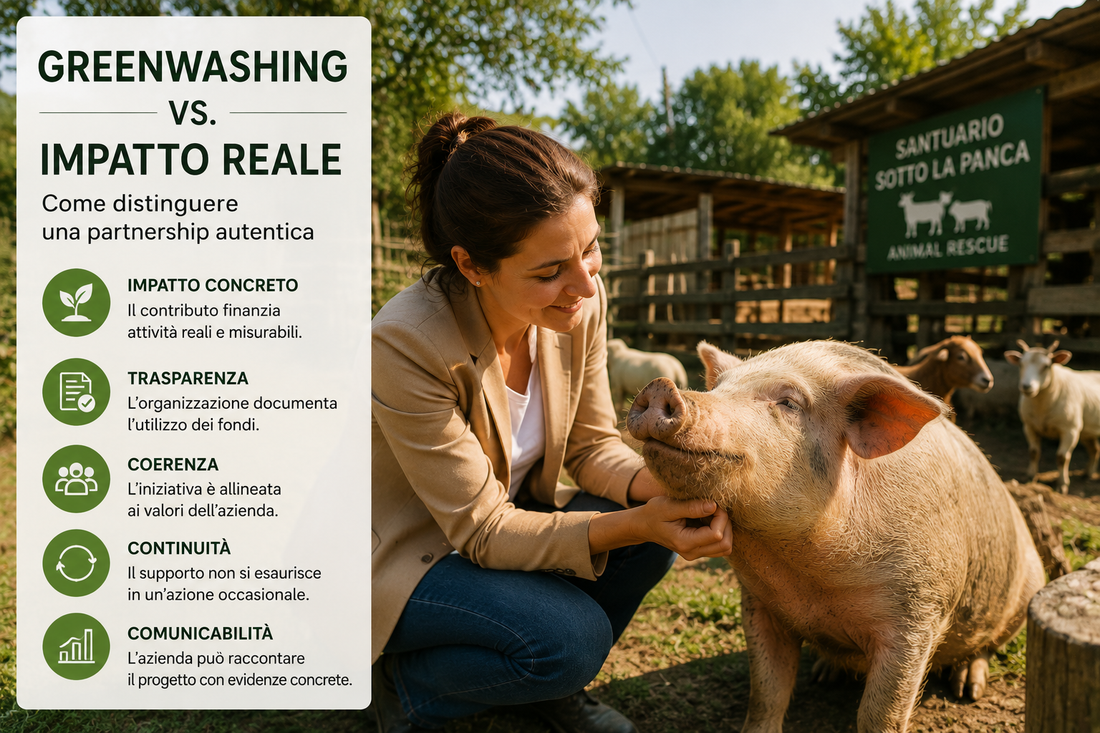 Professionista che visita un santuario per animali come esempio di partnership autentica e alternativa al greenwashing.
