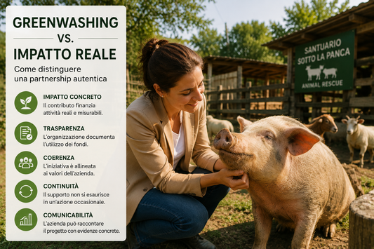 Professionista che visita un santuario per animali come esempio di partnership autentica e alternativa al greenwashing.