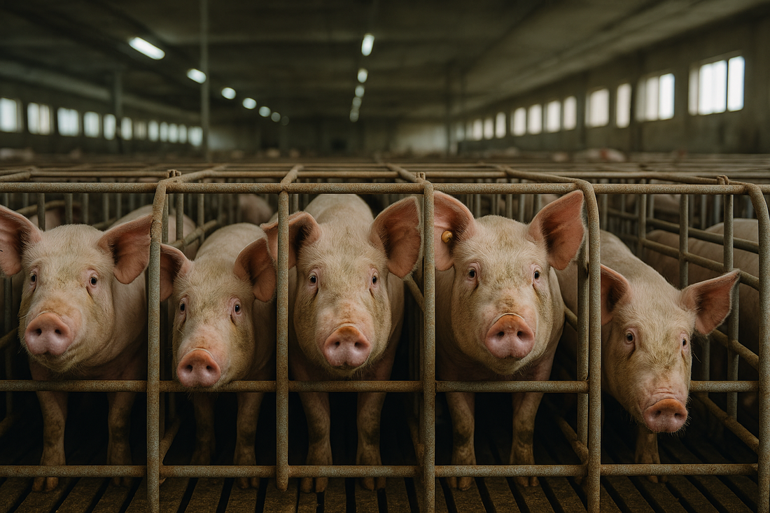 Four pigs confined in small metal gestation crates inside a factory farm, standing close together behind rusted bars.
