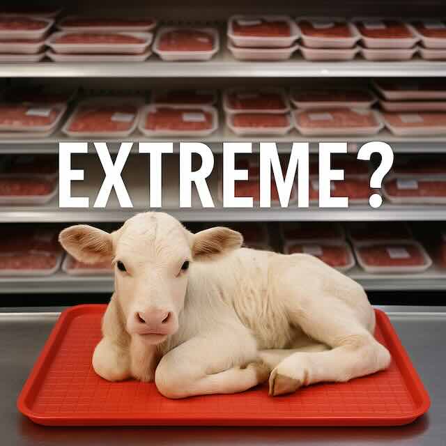 Baby calf placed on a meat tray in a supermarket display, questioning whether animal exploitation is truly normal or extreme