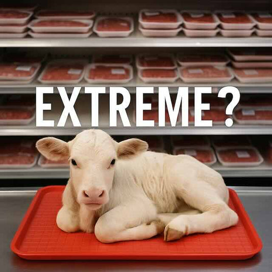 Baby calf placed on a meat tray in a supermarket display, questioning whether animal exploitation is truly normal or extreme