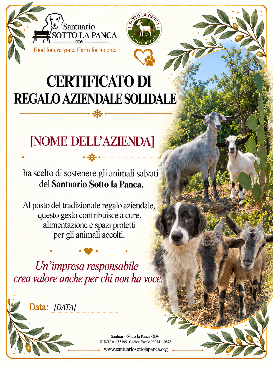 Esempio Certificato Regalo Aziendale Solidale Santuario Sotto La panca