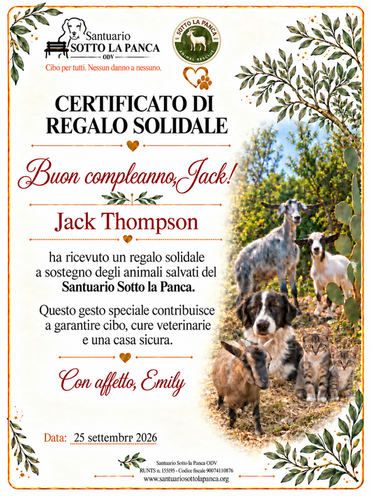 Certificato regalo solidale personalizzato per un compleanno a sostegno degli animali salvati