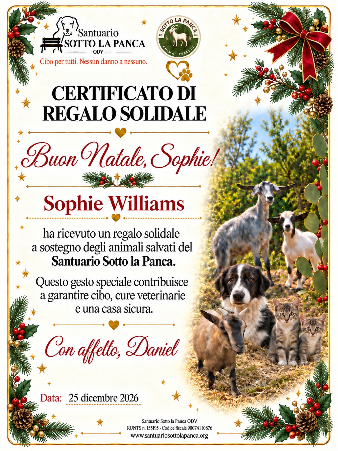 Certificato regalo solidale personalizzato per Natale a sostegno degli animali salvati