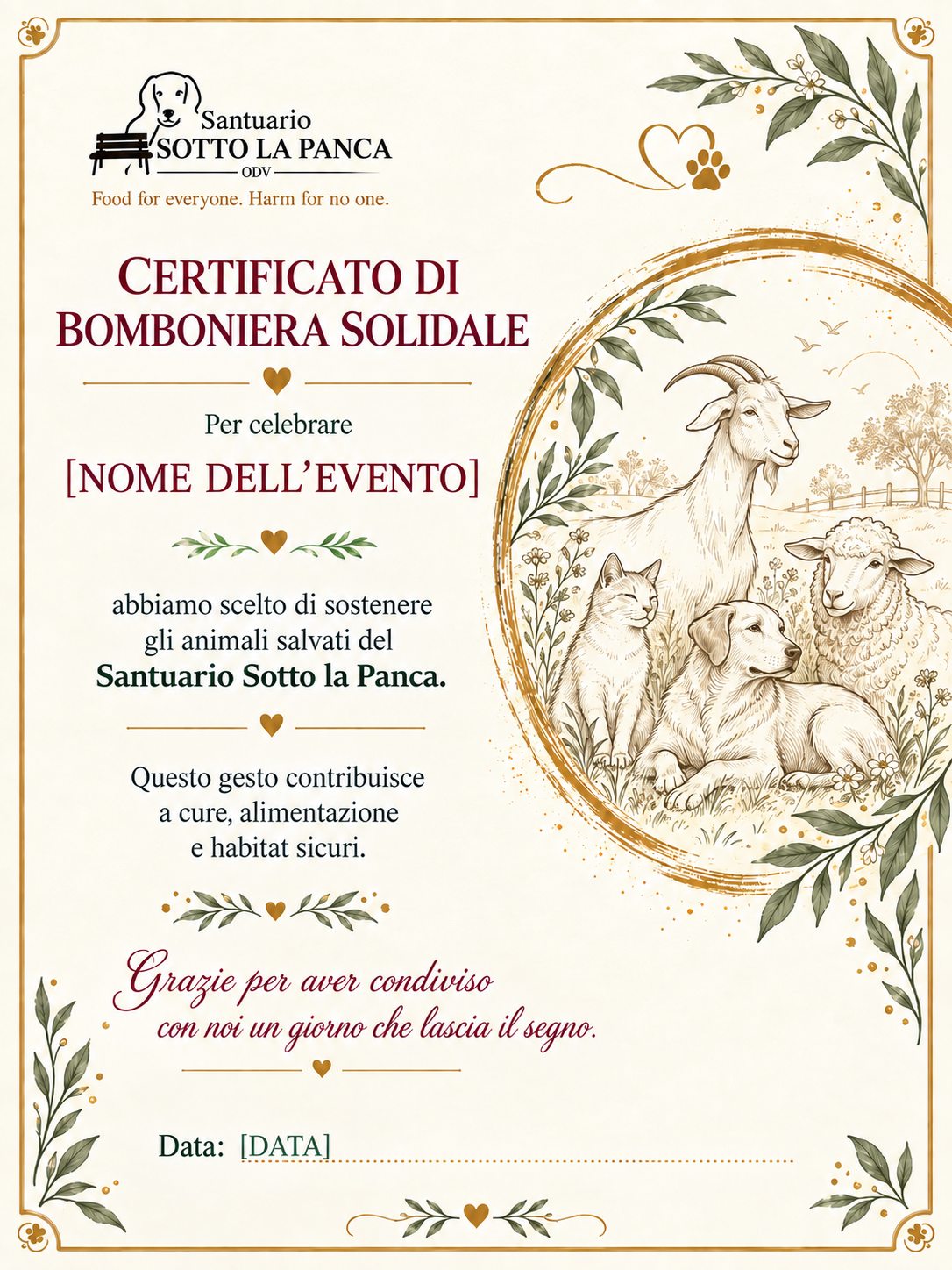 Esempio di certificato personalizzato per le bomboniere solidali del Santuario Sotto la Panca